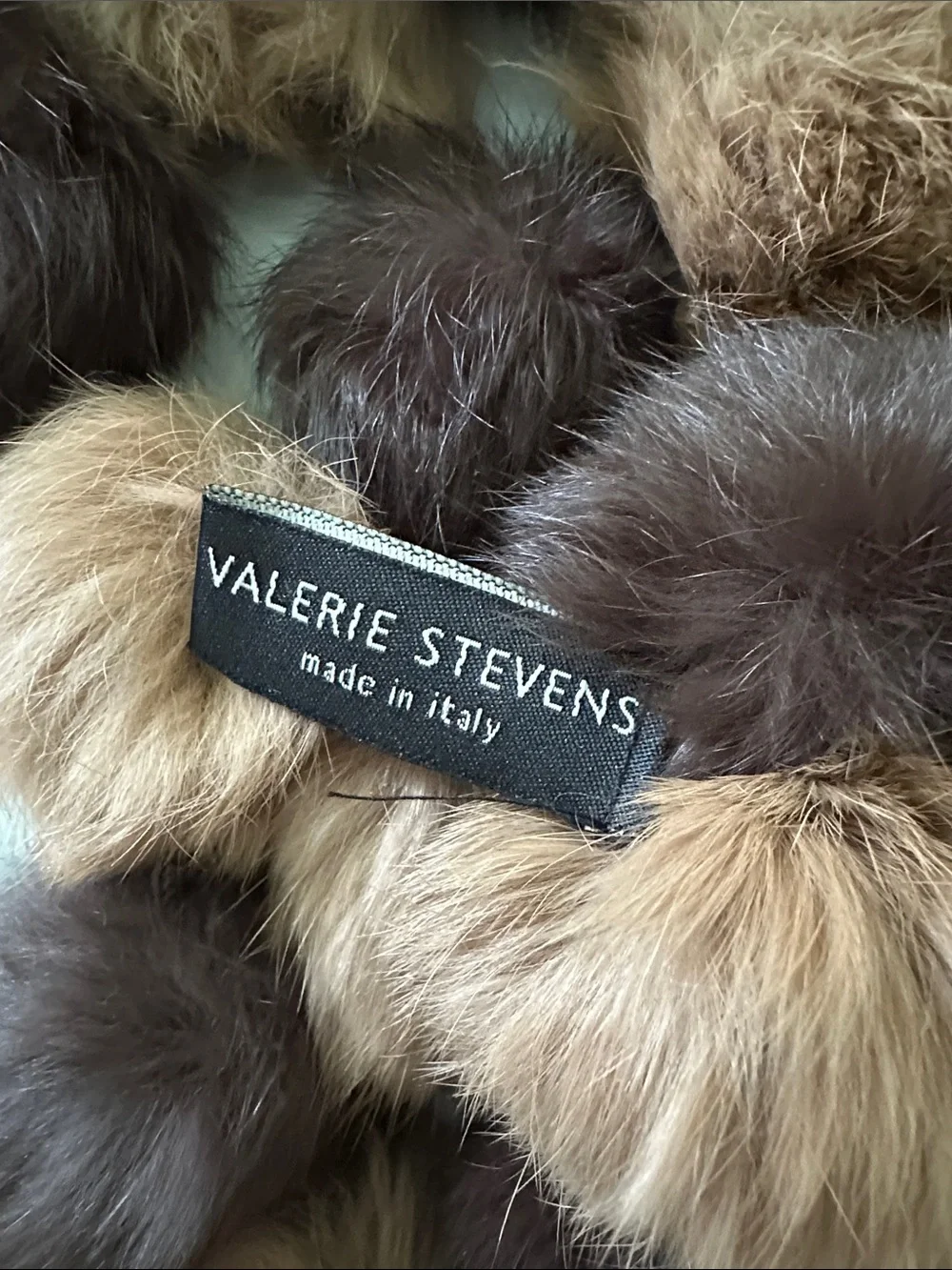 Valerie Stevens Rabbit Fur Brown & Tan Pom-Pom Scarf